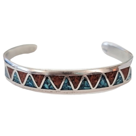 Sterling Silver Crushed Coral Turquoise Inlay Native America Cuff Bracelet, E501